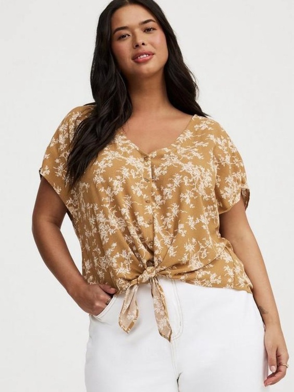 Torrid Yellow Floral Tie-Front Button Down Blouse Top Size 1 / 1X